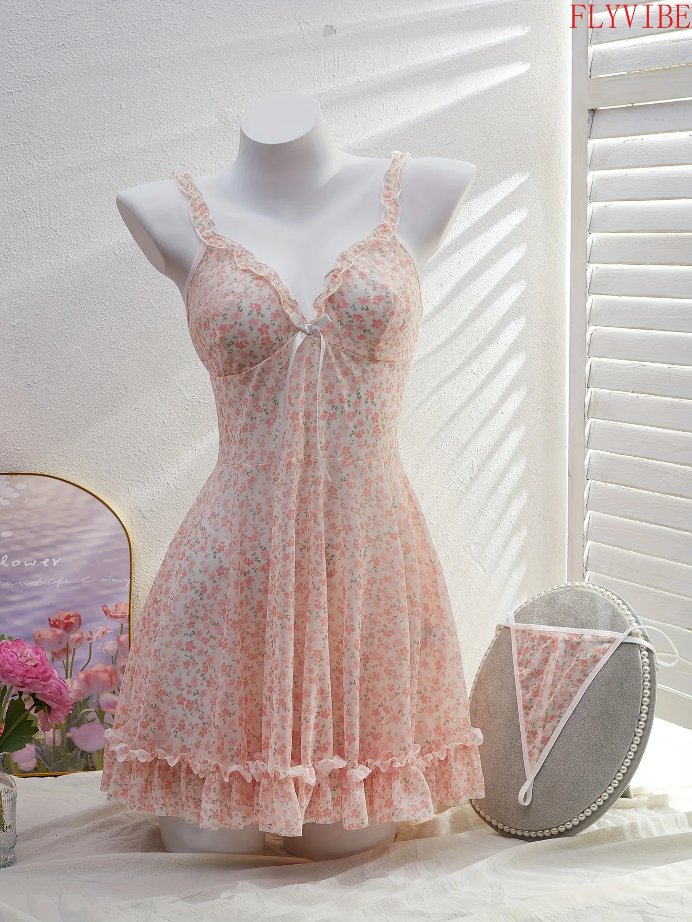 Women Floral V Neck Bow Pleated Ruffle Lingerie Set Fresh Pure Sexy Backless Intimate Underwear Bedroom Nightwear