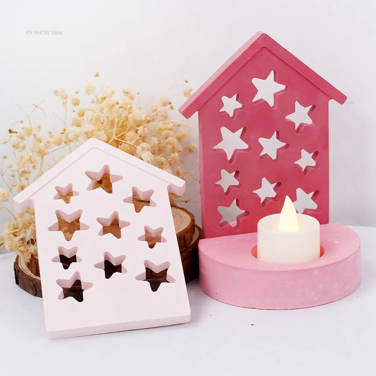 DIY Star House Candlestick Resin Mold Gypsum Concrete Making 12 Hollow Stars House Candelabra Silicone Mold Craft Gitfs Decor