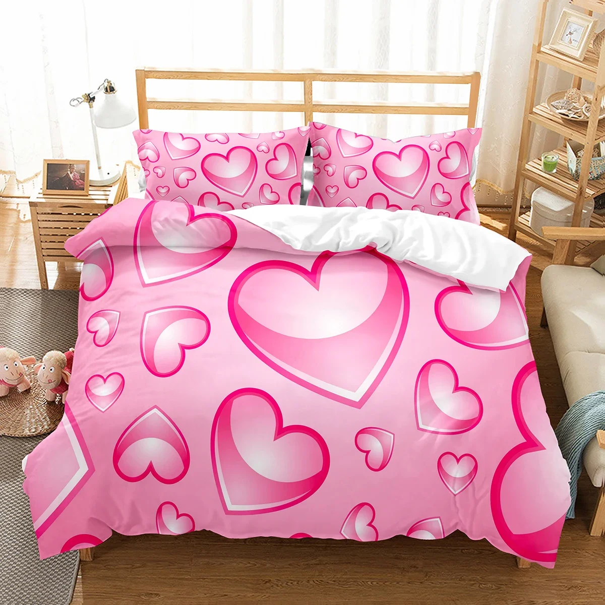 

Single-sided Love Heart Printed Comforter, Comfortable Bedspreads, Duvet, King and Queen Bedding Sets, 3PCs