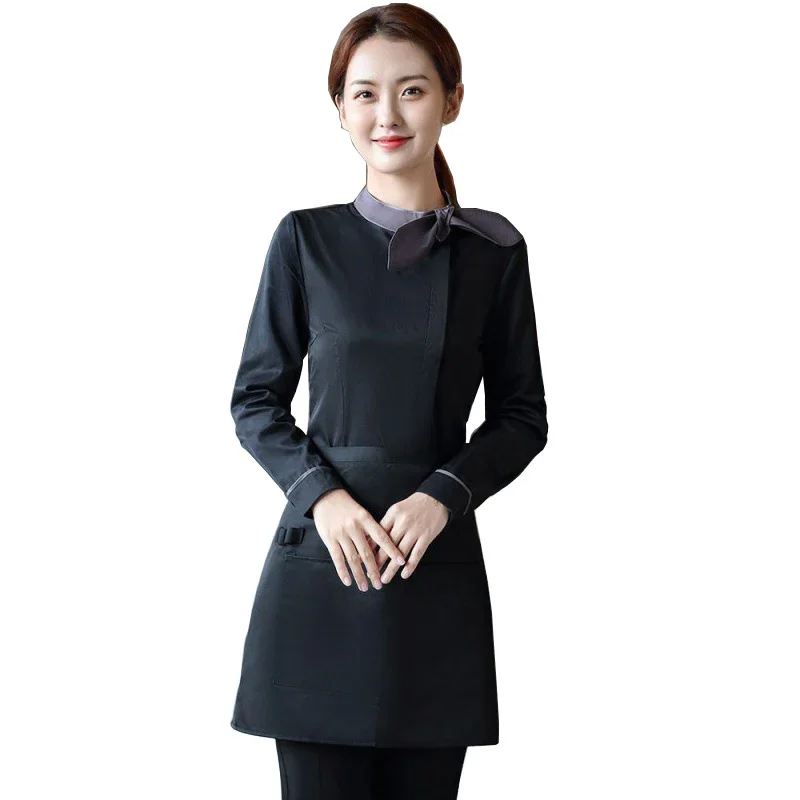 Long Sleeve Hotel Food Service Waiter Uniform Women Western Restaunrant Waitress Uniform Catering Shirt and Apron Work Clothing