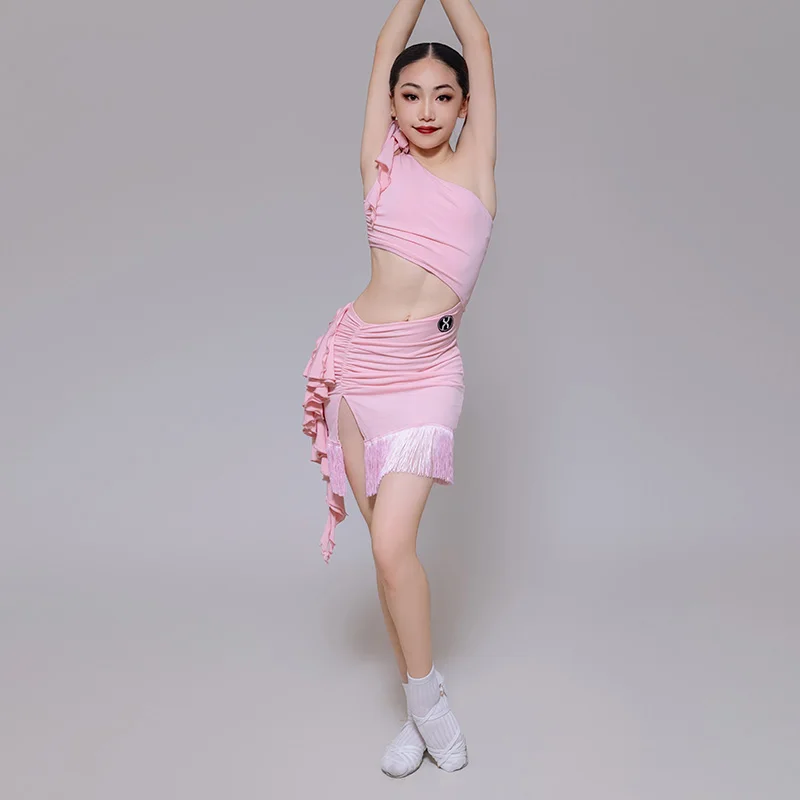 2025 crianças roupas de desempenho de dança latina trajes de meninas ombro inclinado oco borlas vestido samba dança palco wear dn22553