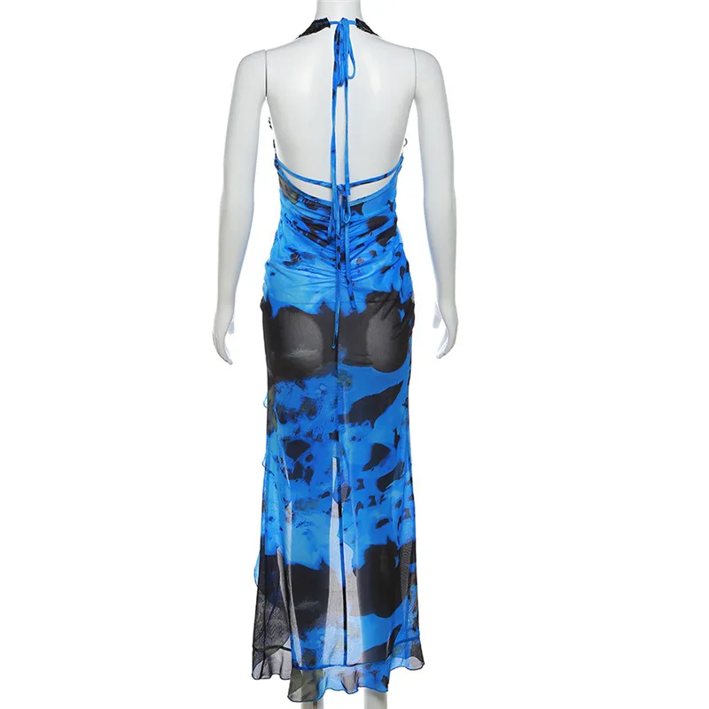 الكشكشة طباعة المرأة فستان الدانتيل المرقعة الجانب سبليت الرسن ضمادة عارية الذراعين منخفضة الصدر مثير ملهى ليلي حفلة Bodycon