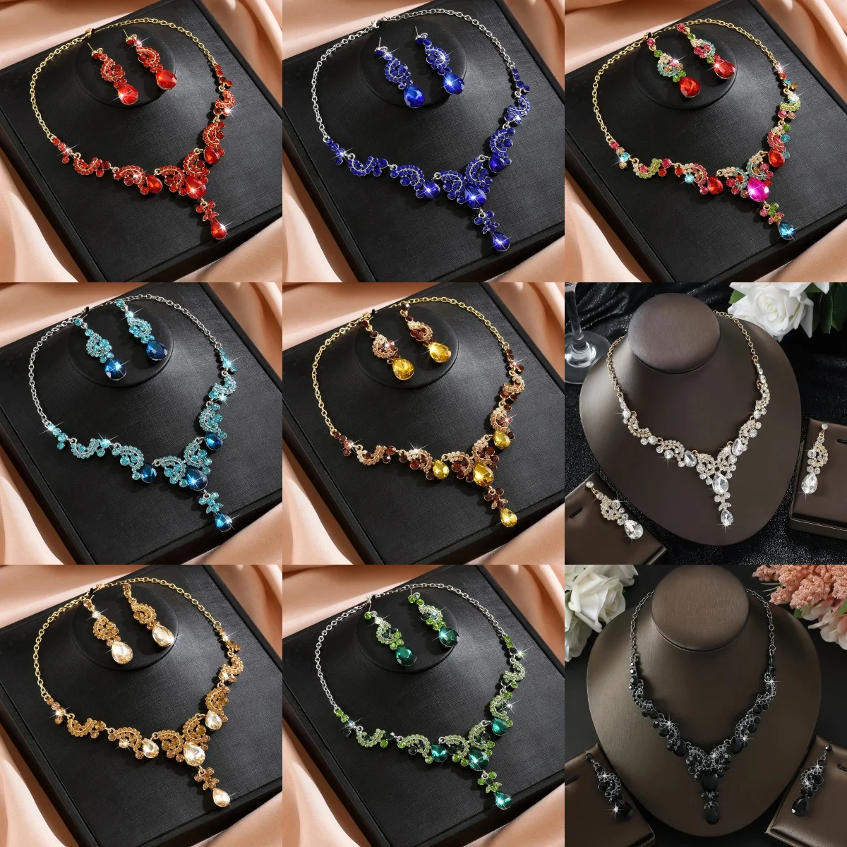 Cross border retro style creative fashion luxury diamond inlaid flower leaf multi-color necklace earring set for women