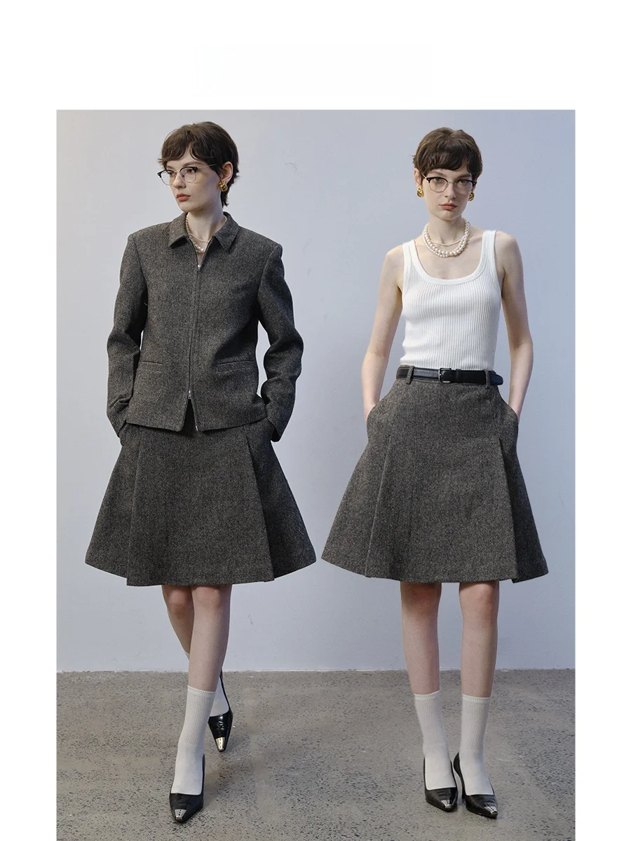 

Комплект Ele Commuter: укороченная куртка на молнии и юбка, ретро-костюм для женщин в деловом стиле