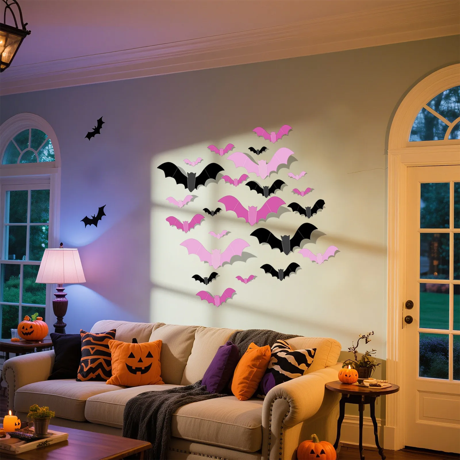 48pcs Blush Pink 3D Bat Wall Stickers - Removable Pastel Halloween Door Decals for Bedroom/Bathroom DIY Décor, Cute Girly Home