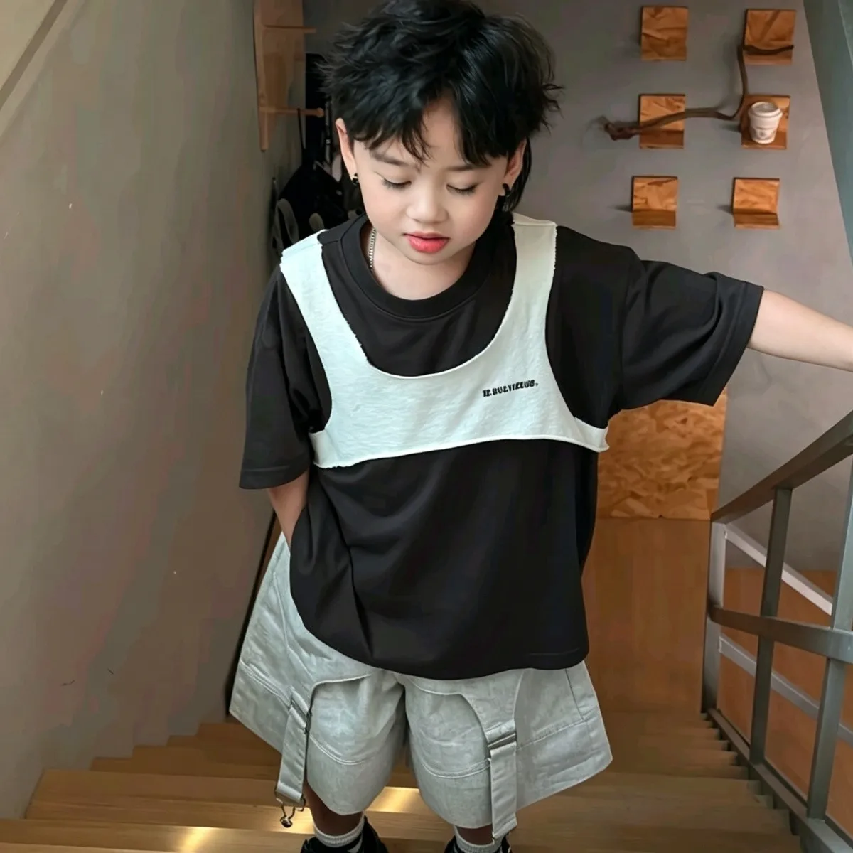 Children's Summer Set New Boys' Fake Two Piece Design Short Sleeve T-shirt Handsome Work Shorts Two Piece Set