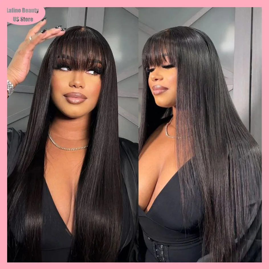 

Lafino 36 30 Inch Without Lace Wig Straight Human Hairfull Woven With Bangs Wig Bob Wig Short Wig Full Machine Black Wig