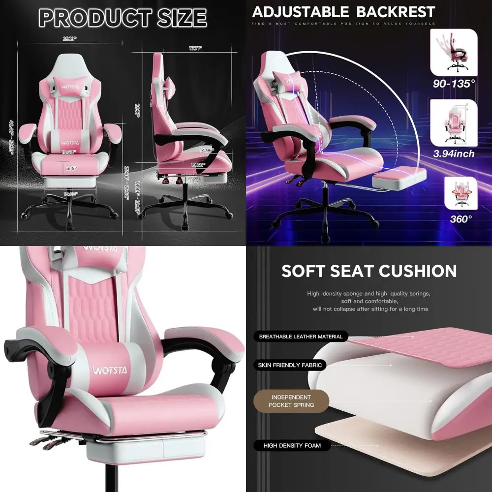 

Эргономичное игровое кресло из ПВХ-кожи с подставкой для ног, регулируемым подголовником и поясничной поддержкой, в гоночном стиле для дома/офиса (розовое)