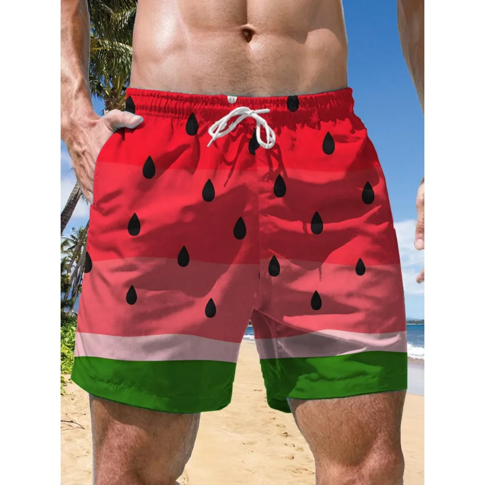 Shorts de Banho Bestseller Hawaii com Estampa Gradiente de Fatias de Melancia, Cintura Elástica Larga com Barra Canelada, Secagem Rápida, Antiencolhimento e Bolso Lateral