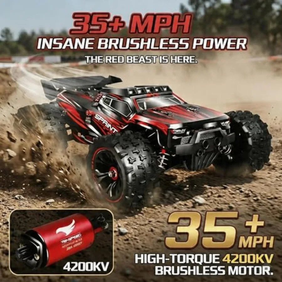 RC truck for outdoor off-road use, aluminum alloy chassis, black color, brushless motor with 35MPH+ speed and dual 3S LiPo 4WD