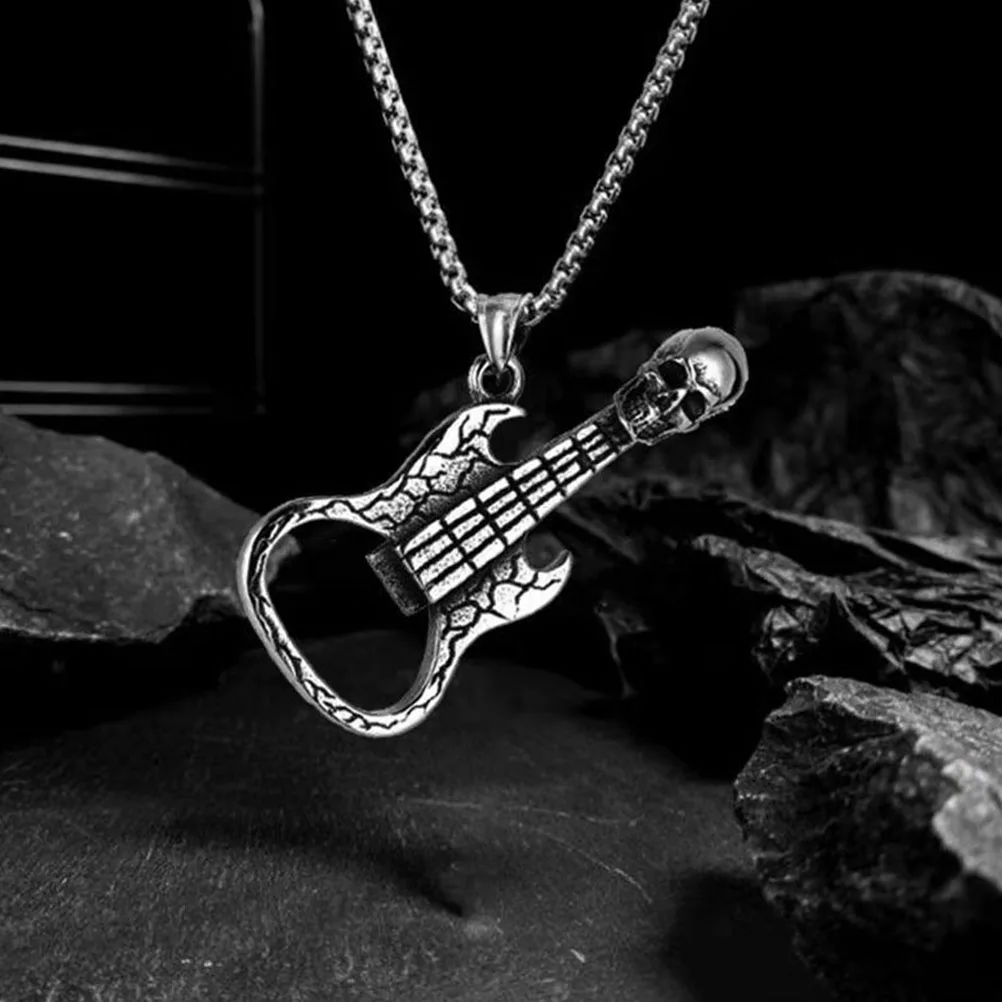 

Guitar Necklace Skull Pendant for Men Lightweight Durable Beer Bottle Opener Vintage Stainless Steel Chain Jewelry Gift