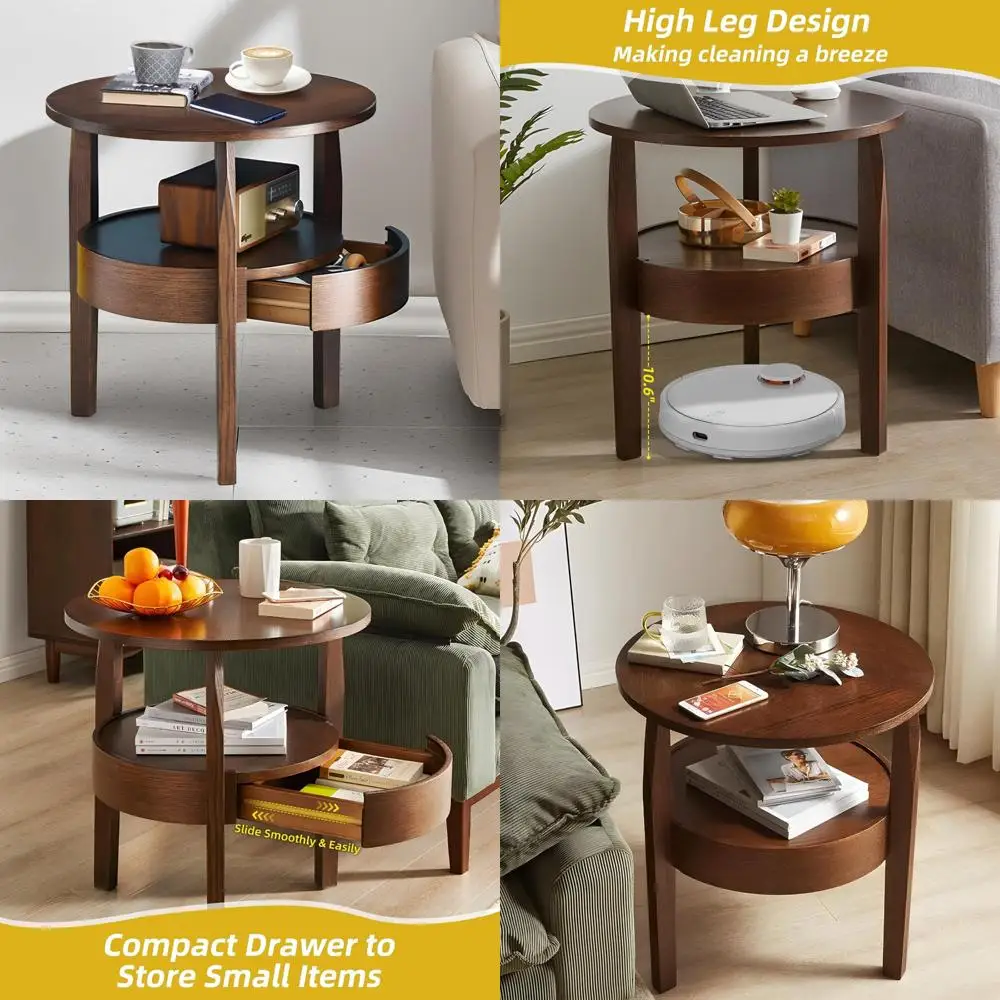 

Большой круглый журнальный столик из натурального дерева со скрытым ящиком — 23 диаметра x 24 высоты, 2-уровневый винтажный торцевой столик в деревенском стиле