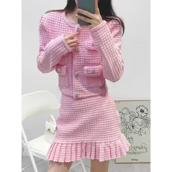 Sets for women 2 pieces 2024 Early Spring Pink Socialite Temperament  Cardigan Coat Skirt Hip-Wrapped Skirt Outfit Round neck