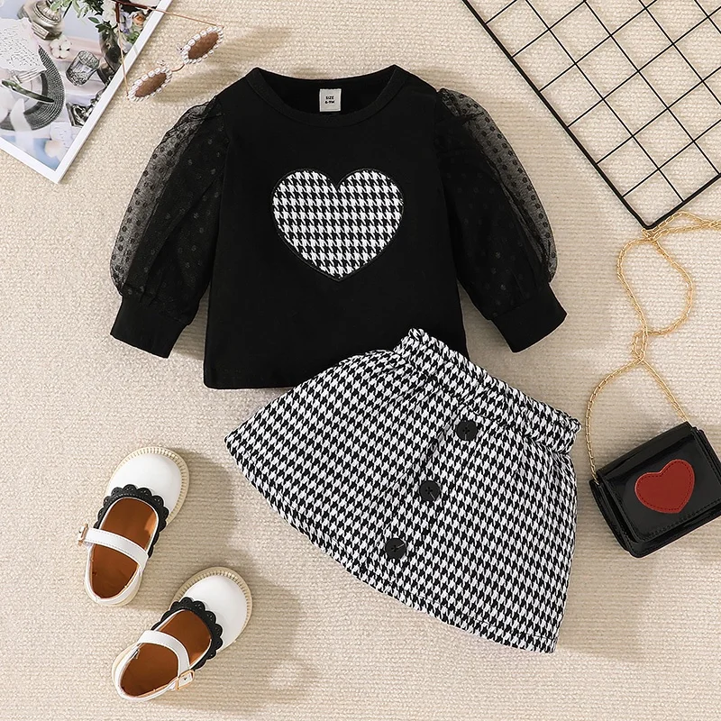 Lace Cutout Long Sleeve Blouse and Plaid Skirt Outfit Toddler Infant Clothing Set Kids Wear Ootd For Newborn Baby Girl