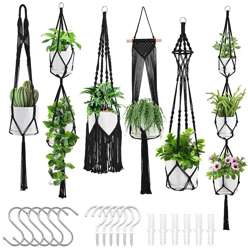 A33R-Macrame Plant Hangers 6Pack Hanging Planters For Indoor Plants W/Hangers Kit Handmade Macromay Plant Hangers Indoor Flower