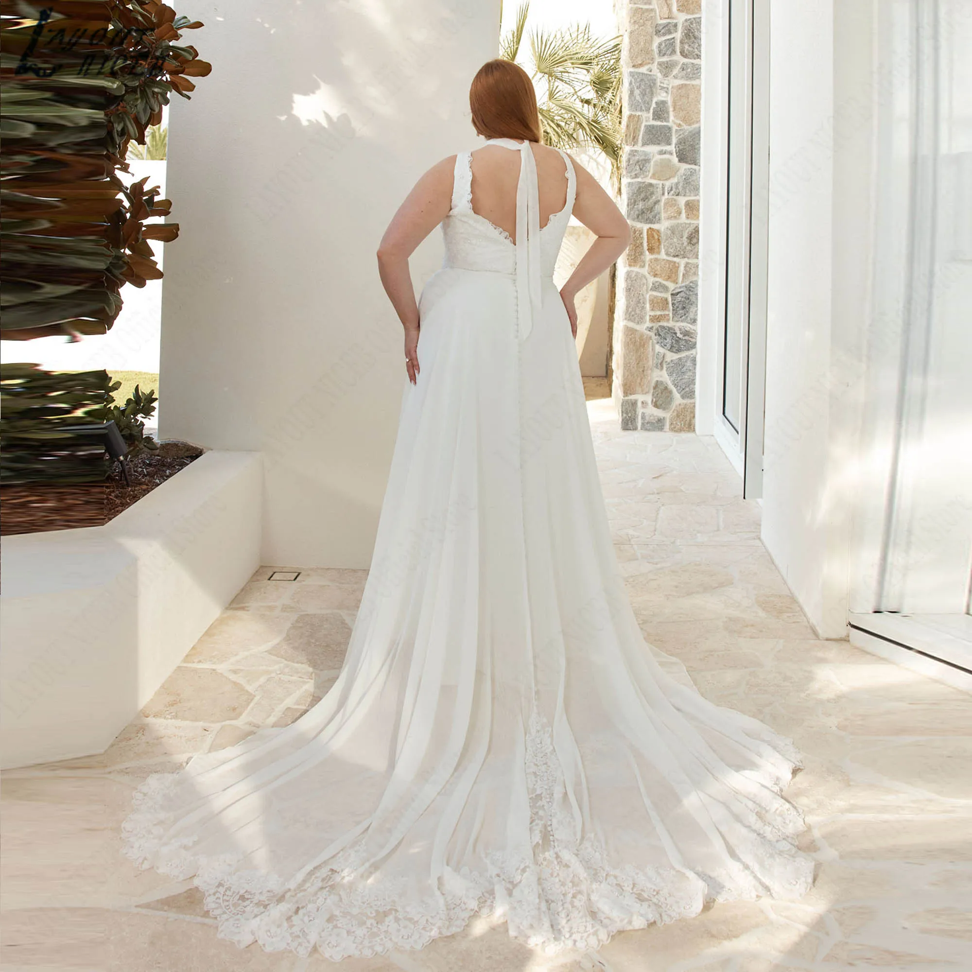 Deep V-neck Chiffon Sexy Bridal Dress A-line Lace Boho Wide Straps Wedding Gowns Luxury Sleeveless vestidos de novia Customized