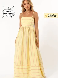 Summer New Fashionable Bohemian Style Elegant Women's Long Dress Striped Hanging Strap Sexy Big Swing Long Dress