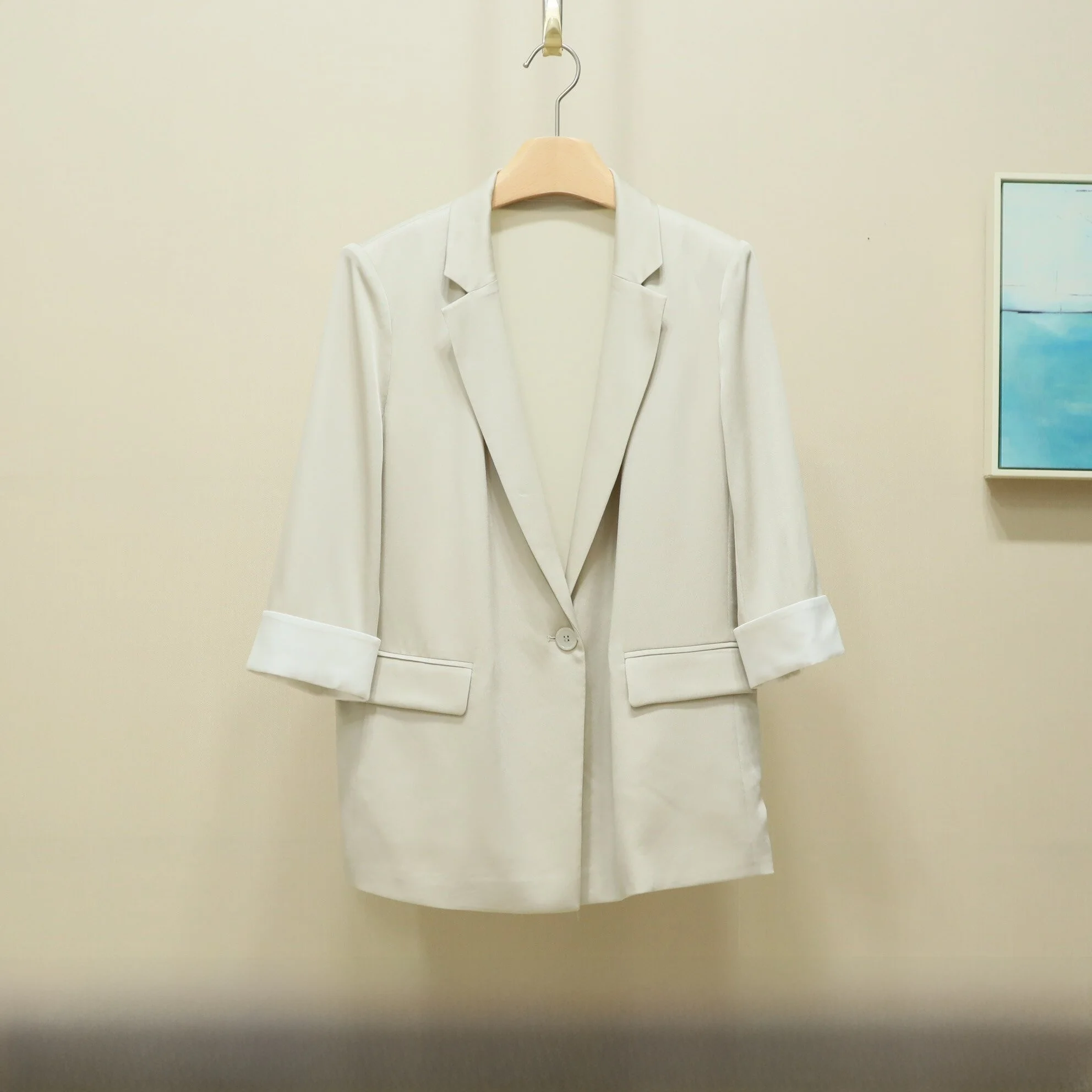 

Spring New Sle Women's Suit Jaet Seven-Quarter Sve Casual Faion Ele Design Single Button Closure Flat Collar