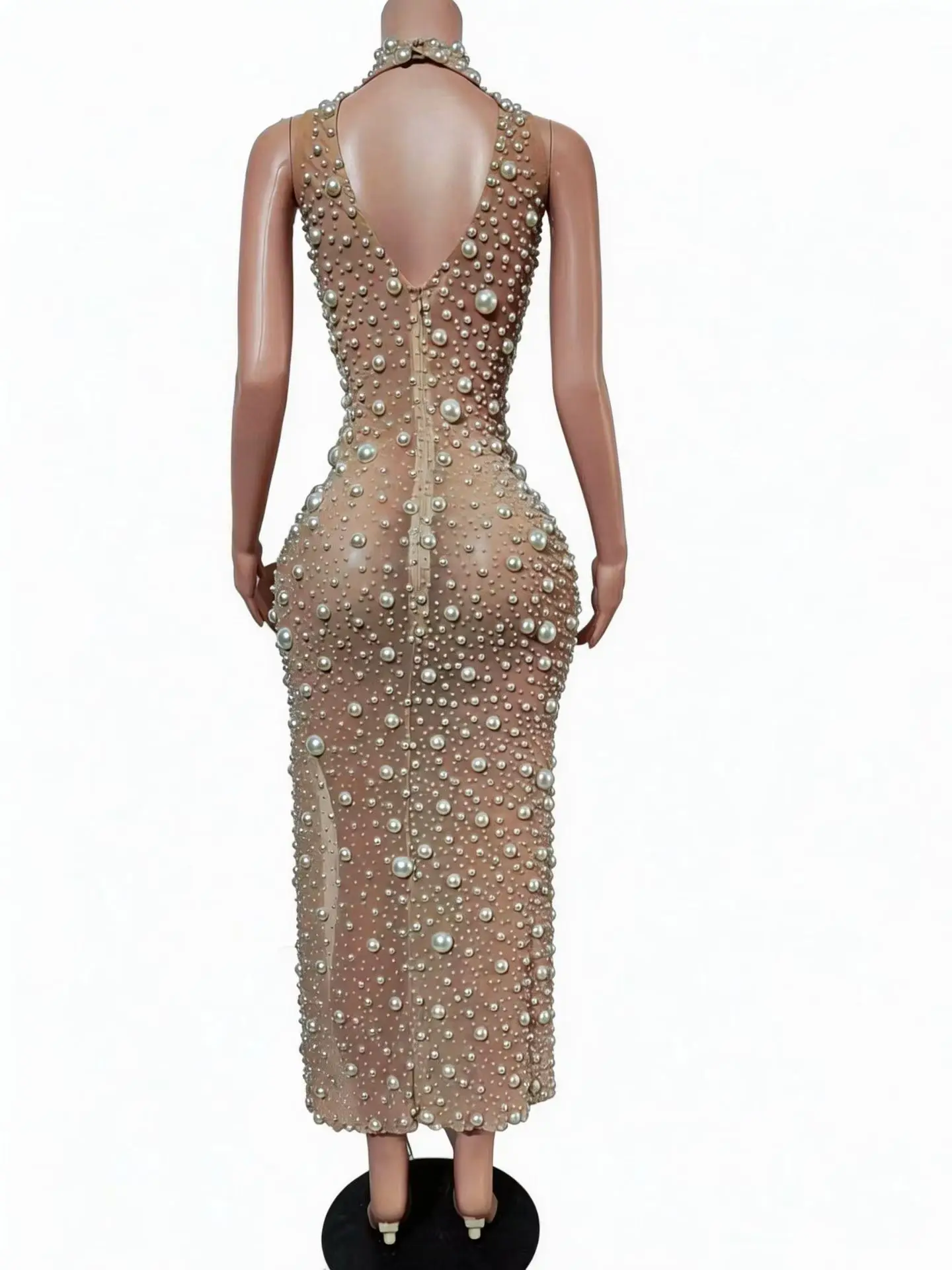 Elegant Luxury High-end Pearls Dresses Sexy Women Mesh Birthday Party Evening Gown Gala Red Carpet Formal See Through Mesh Dress view 2