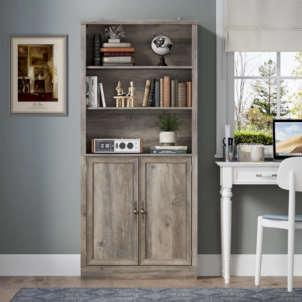 رف كتب معدني بطول 71.4 بوصة مكون من 5 طبقات مع خزانة وأرفف قابلة للتعديل، وحدة تخزين قائمة على الأرض بعرض 31.5 بوصة