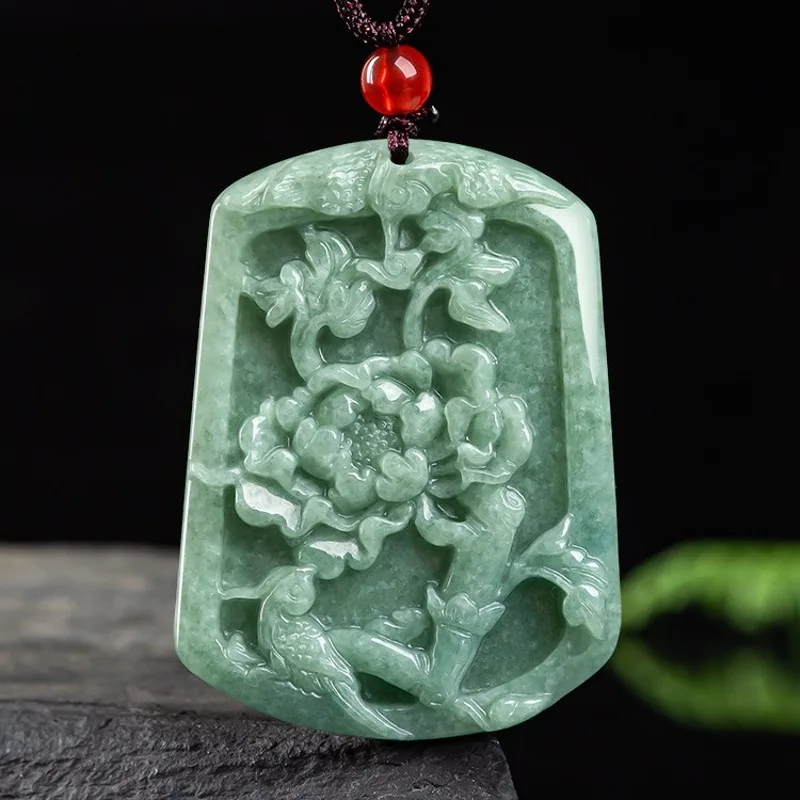 

Real Natural Grade A Jade Jadeite Men Women Lucky Magpie Bird Peony Flower Pendant