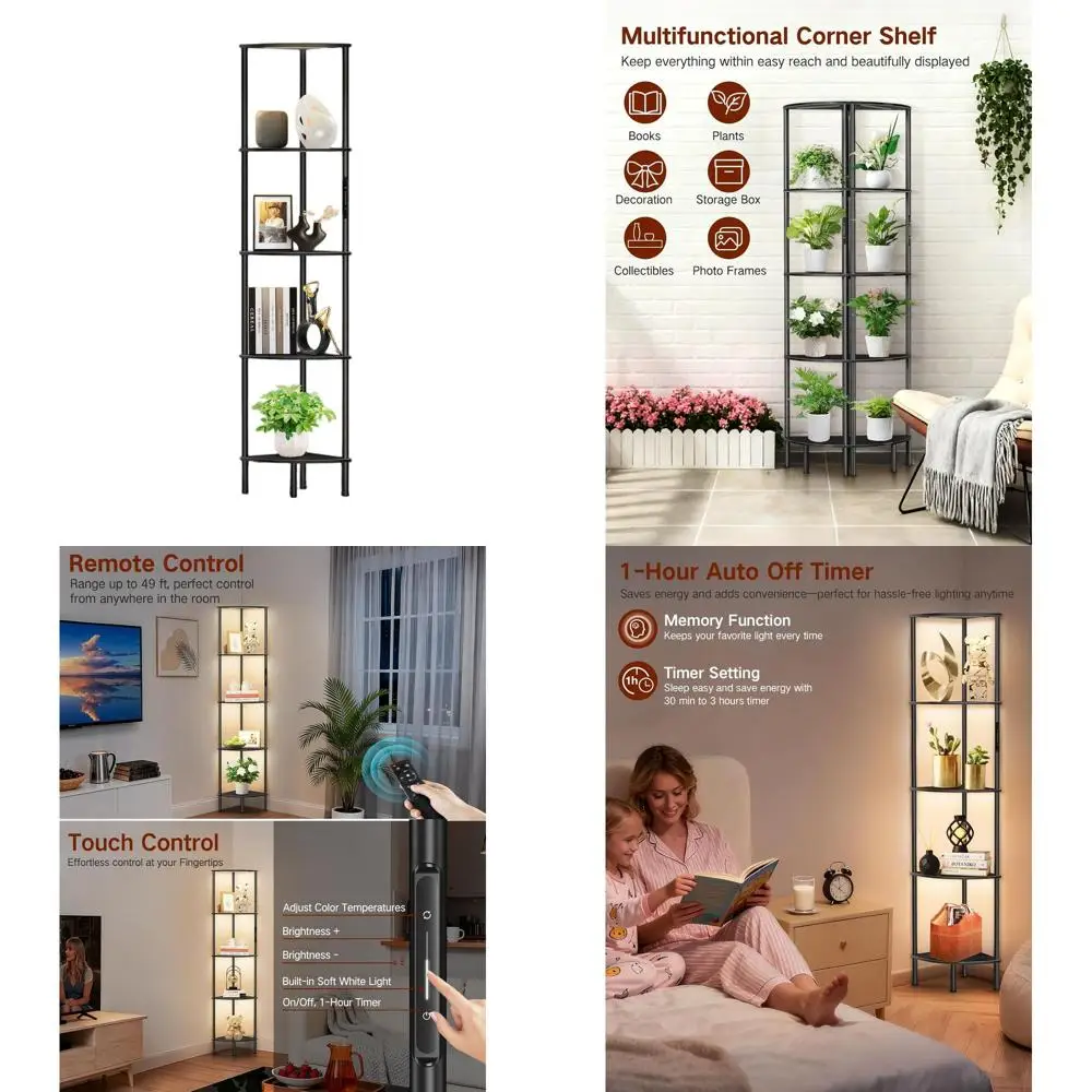 

Угловая полка со светодиодной подсветкой, сенсорное и дистанционное управление, 3-цветная температура с регулируемой яркостью, 1-часовой таймер, компактная стойка для дома (черный)