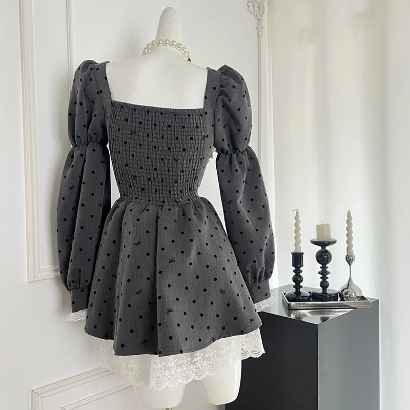 Grey Polka Dot Dress Korean Style Retro High Waist Mini Dresses Women Fashion Lace Splicing Long Sleeve Dress