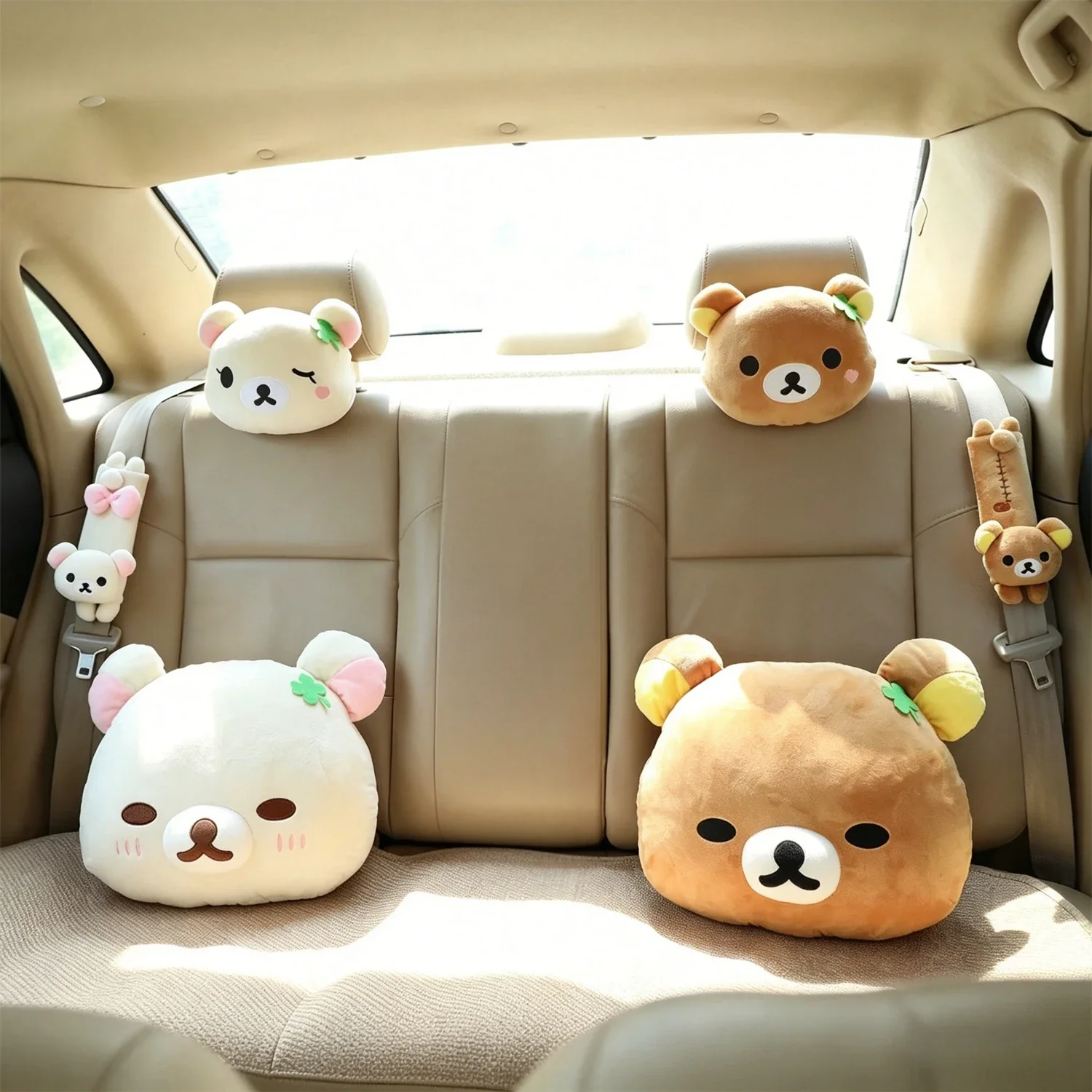 Rilakkuma Car Headrest Kawaii Rilakkuma Korilakkuma Car Pillow Seat Belt Cover Cushion Soft Plush Car Accessories for Anime Fans