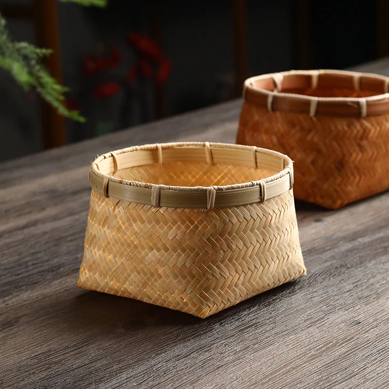 

Dim sum bamboo basket,handmade,Chinese retro,desktop storage,primary color/carbonization,square bottom round mouth,fruit basin