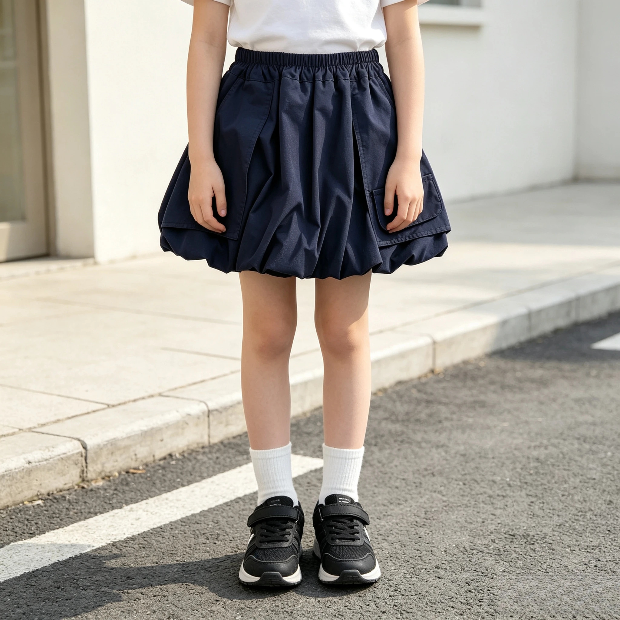 Girls Navy Blue Bubble Mini Skirt Elastic Waist With Pocket Casual Loose Puffy Balloon Hem Short Skirt Teenage Kids Streetwear