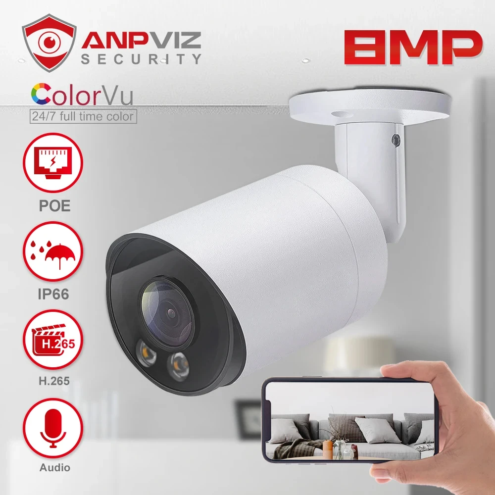 Anpviz 4K 8MP IP Camera 24/7 ColorVu Bullet Outdoor Security Camera Color Night Vision 30m Audio IP66 Remote View H.265