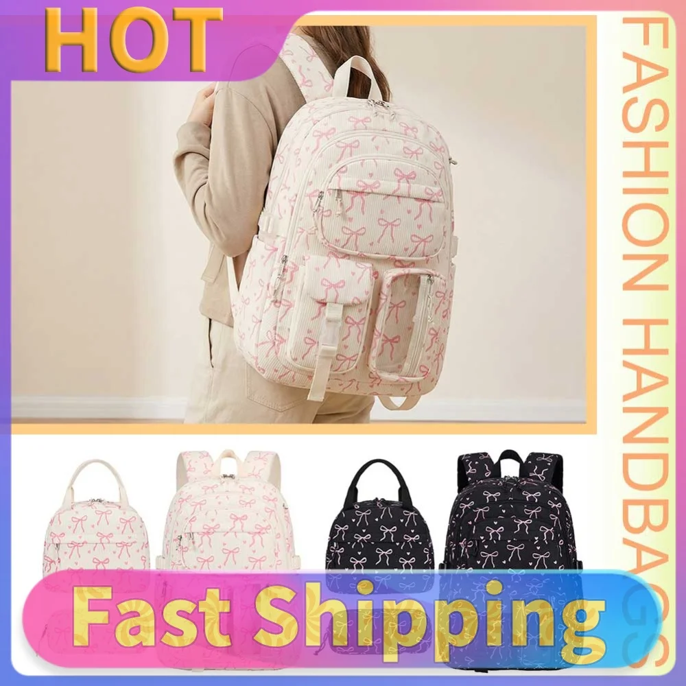 Women Bow Corduroy Backpack Large-capacity Multi-Layer Laptop Backpacks 3 in 1 for Elementary Middle