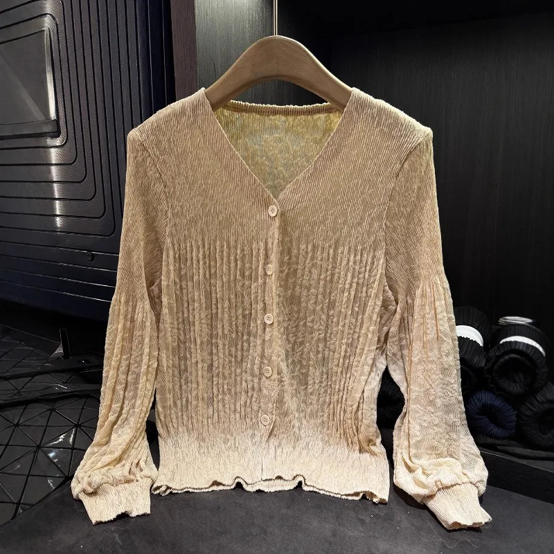 

Miyake Pleated Jacket Women Elegant Simple 2025 Autumn V-Neck Single Breasted Solid Color Casual Long Sleeve Coat Blouse Women