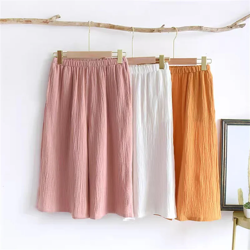 Forest Style Cropped Pants for Women Summer Breathable Double-layer Cotton Home Clothes Solid Color Loose Pants Plus Size