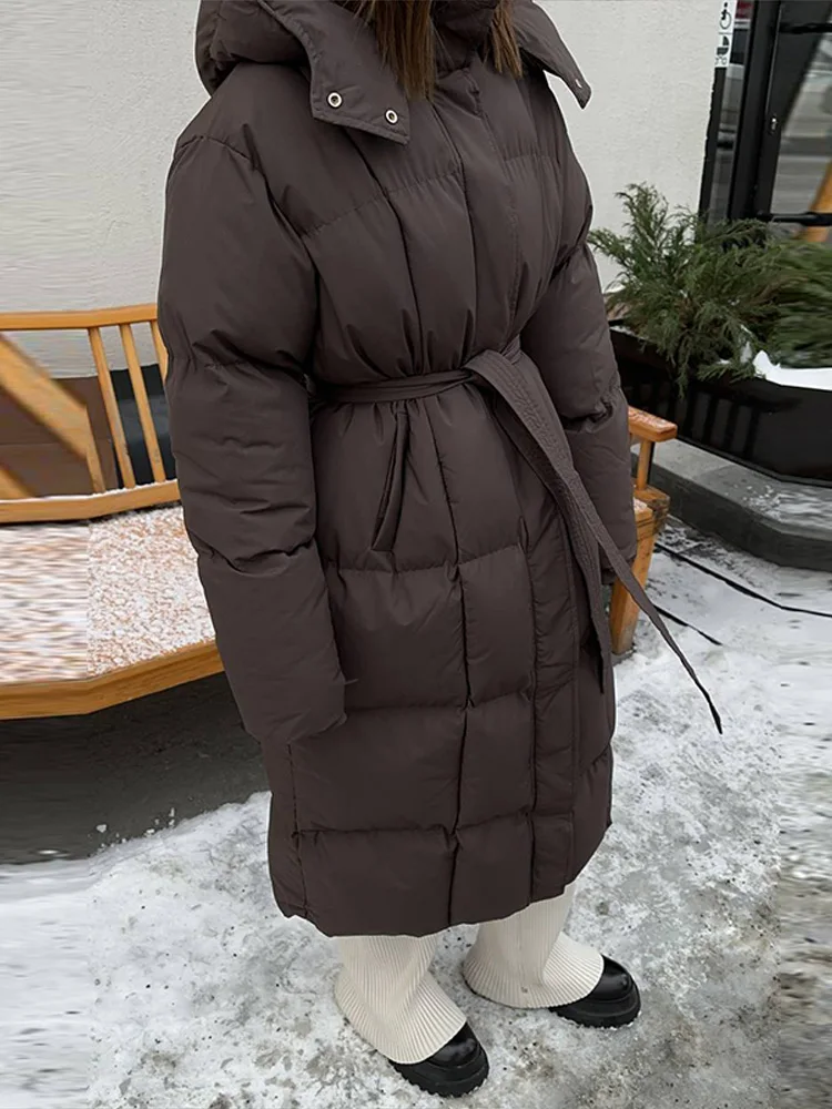 Lace Up Outwear Female Winter Chic High Streetwear Warm Stand Neck Cotton Long Coats Women Elegant Single Breasted Zipper Belt