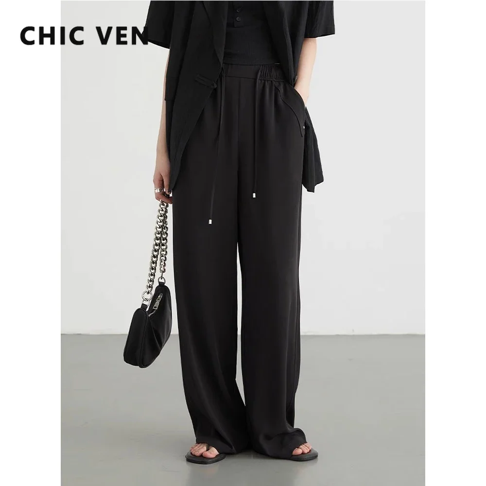 CHIC VEN Women Pants Loose New Elastic High Waisted Wide Leg Pant Sun Protection Cool Casual Female Trousers Summer 2024