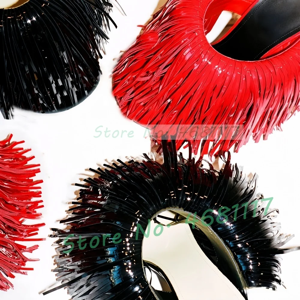 Red Shiny Fringes High Heels Slippers Women Sexy Slouchy Round Open Toe Stylish Shallow Shoes Feminine Thin Strap Tassel Mules