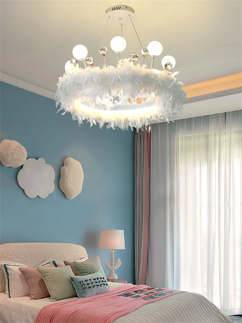 Nordic Princess Room Bedroom Feather Ring pendant lights Living Room Crystal Kids Room Lighting LED hanging Lights fixtures