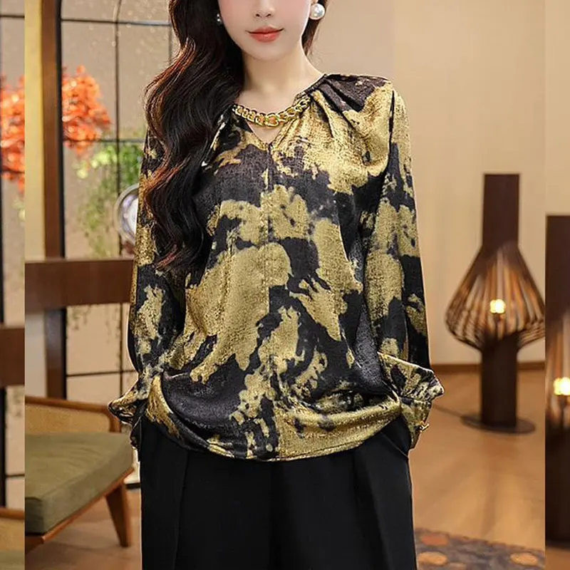 Vintage Printed Commute Loose Blouse Women\'s Clothing Elegant V-Neck Casual Spring Autumn Long Sleeve Fashion Folds Chain Shirt