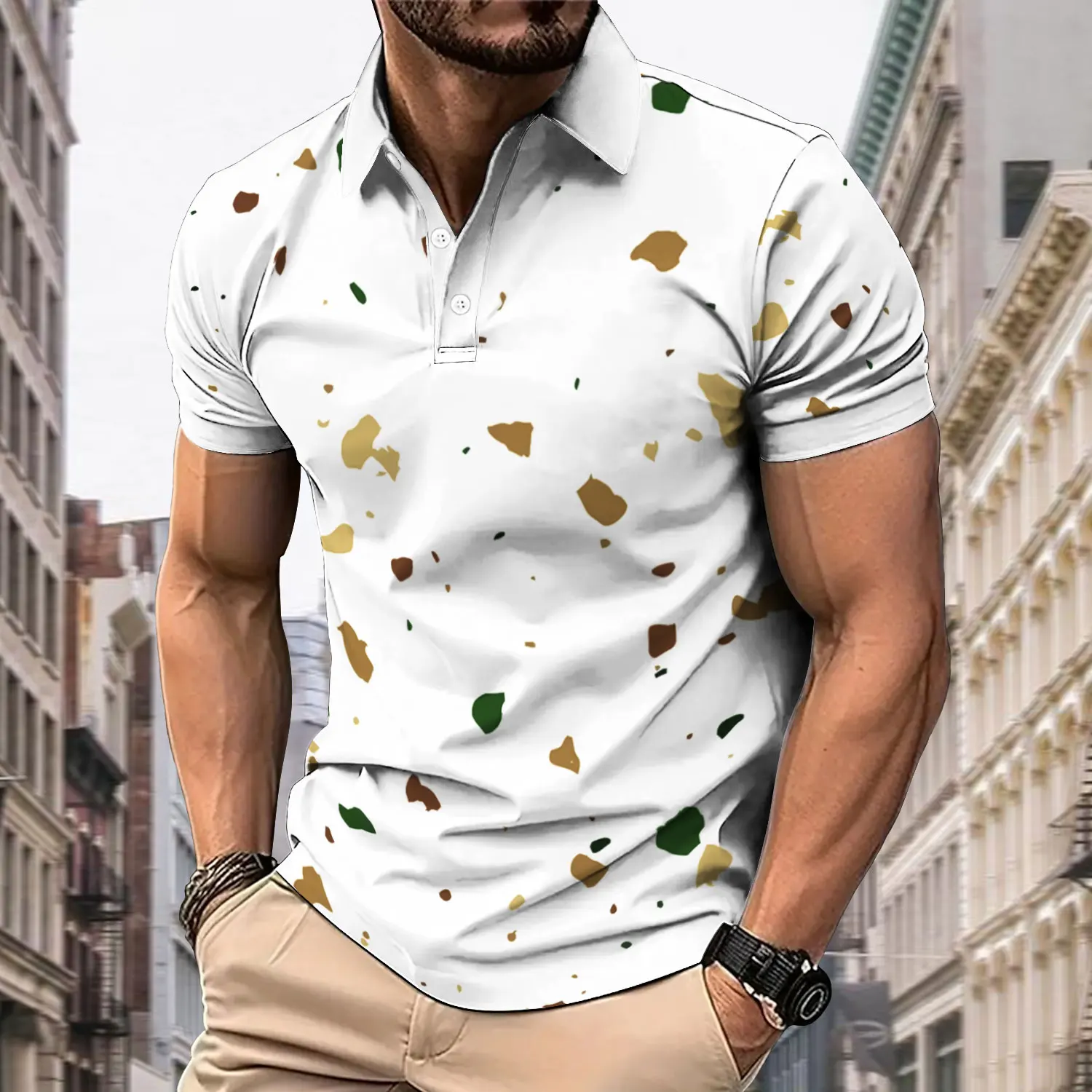 Men's Summer Fashion Polo Casual Digital Print Top Machine Washable