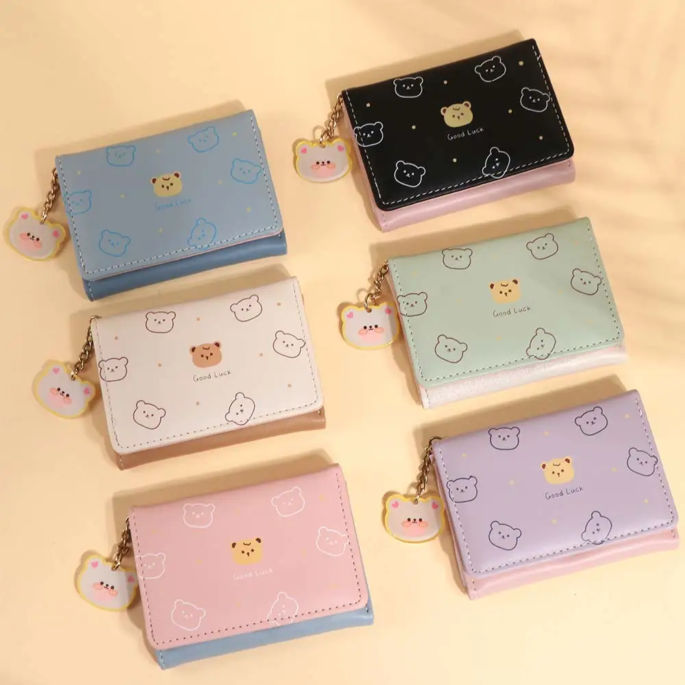 Portable Cartoon Bear Print Wallet Collapsible Multi-slot Short Wallet Soft Coin Purse Daily Match