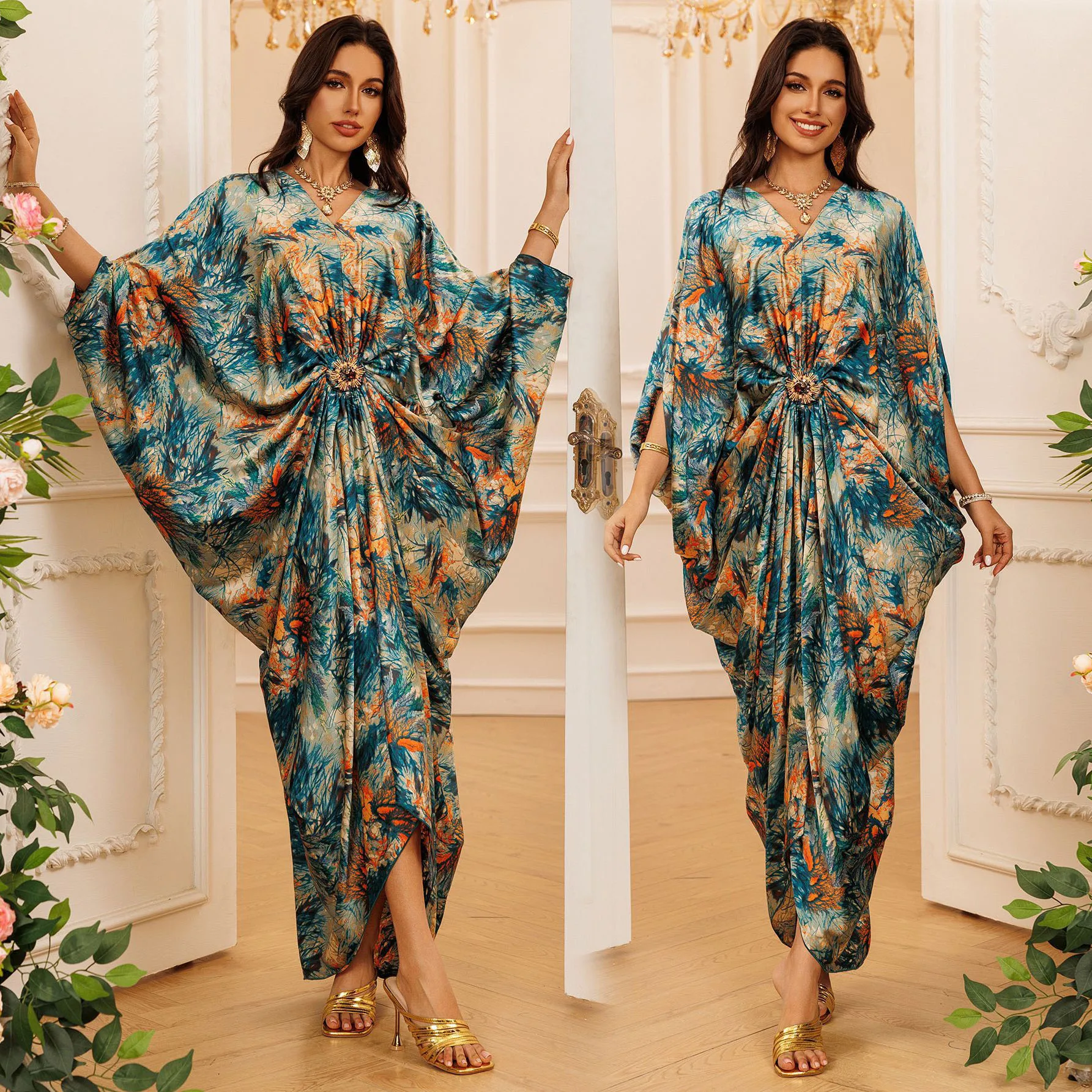Robe caftan de fête pour femmes, Robe marocaine de Dubaï à imprimé complet, col en V froncé sur le devant, vêtements islamiques Ramadan Eid, Robe arabe