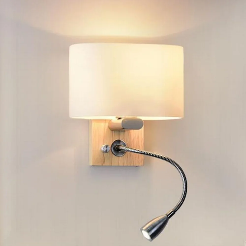 Djustable Swing Arm Wall Lamp Bedside Wall Lights With LED Reading Spotlight Fabric Wall Light Wall Lamp Withs Wooden Base Wall