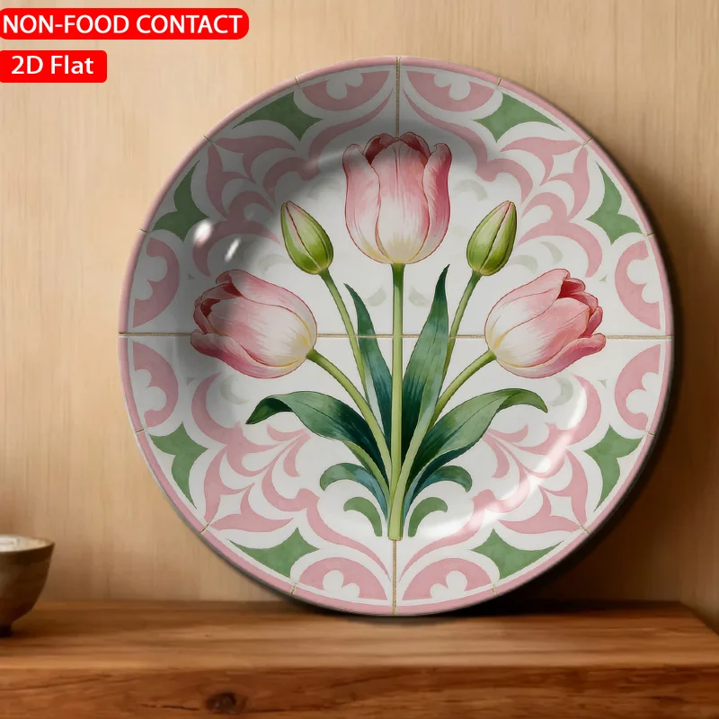 1pc Floral Tile Pink Green Ceramic Plate Non-Food Contact, Home Desk Ornaments, Living Room And Bedroom Decorations, Suitable