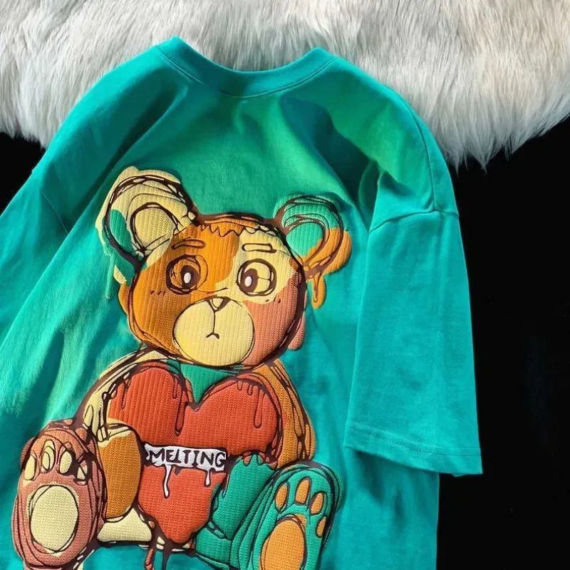 Pure Cotton Retro Graffiti Teddy Bear Printed Short Sleeved T-shirt for Male and Female Summer Trendy Couple Loose Casual Top