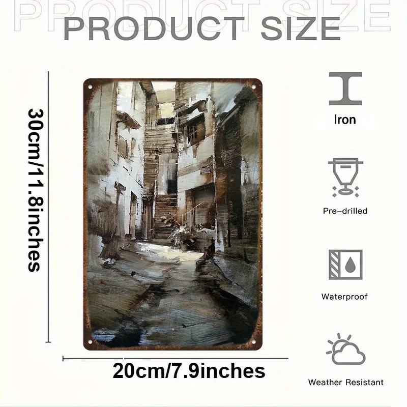 2D Flat, 2D Flat Surface, 1pc Vintage Tin Sign - Beige and Tan Tone Vintage European Old Street Scene Wall Art, 12x8 Inches (30x