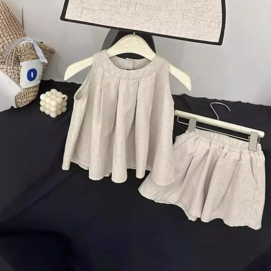 2025 Summer Girls Solid Color Tank Top & Shorts Set Korean Inspired Trendy Breathable Casual Outfit