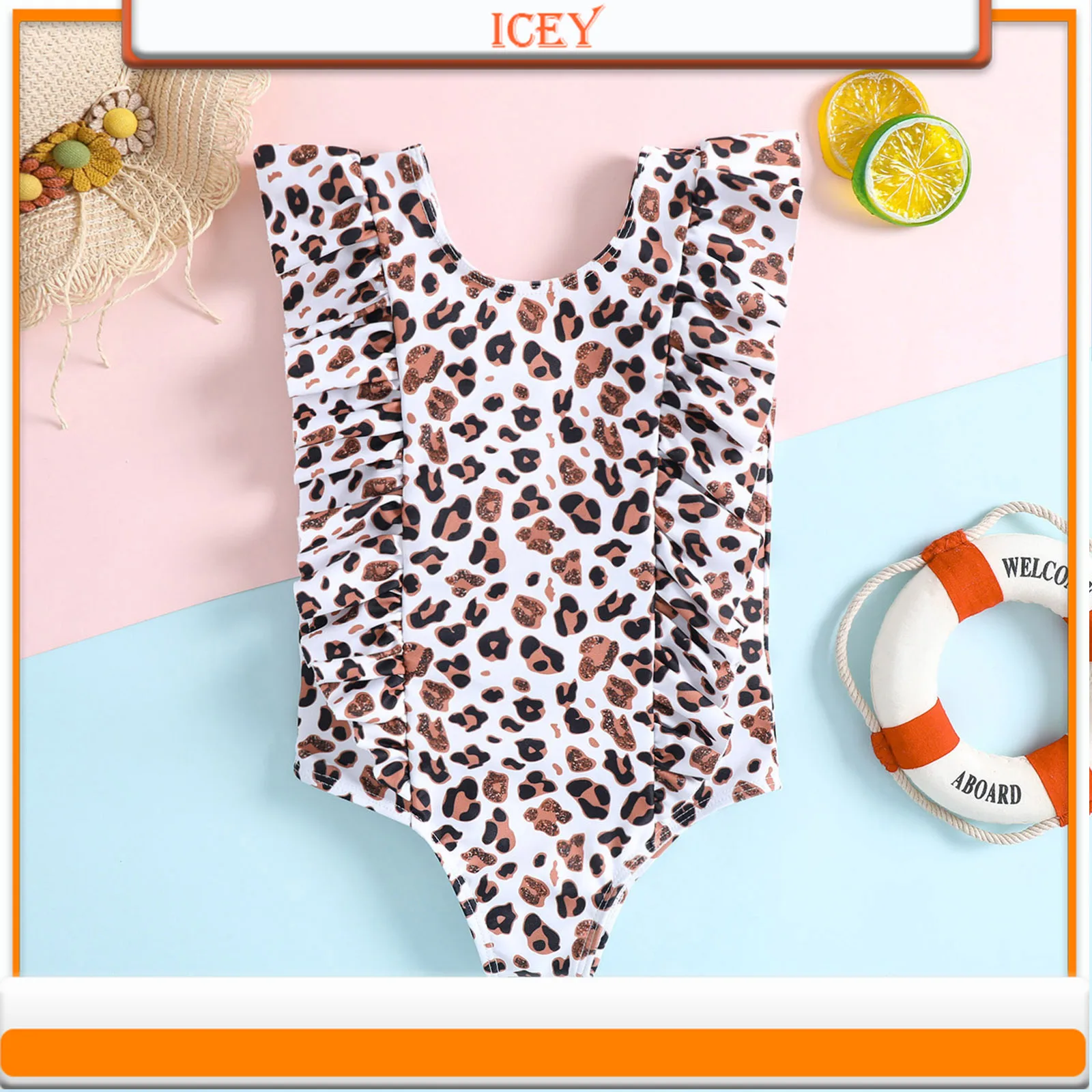 

Leopard Print Girl's Ruffled One-piece Baby Girl Hot Spring Beach Swimsuit Children One-Piece Suits