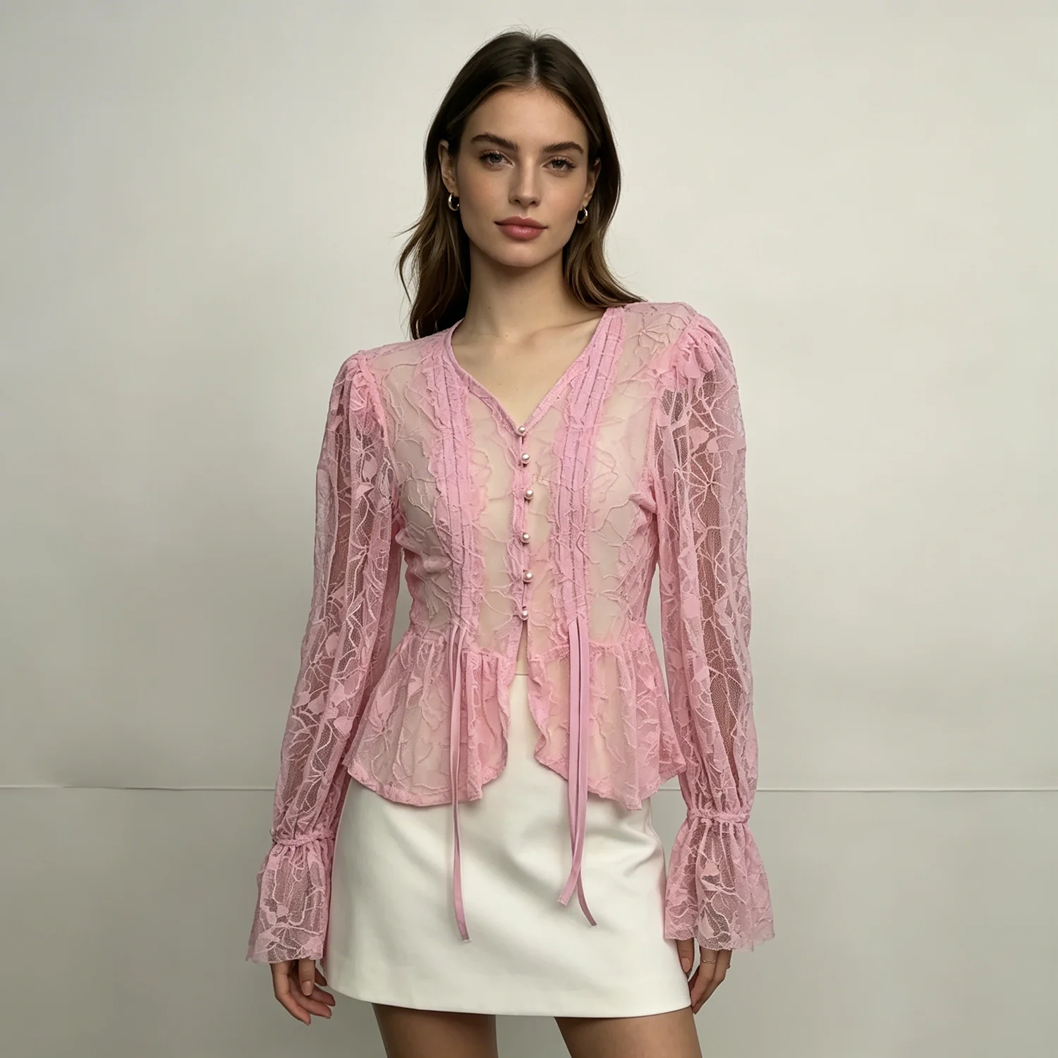 

PUAL Women Lace Sheer Blouse V Neck Long Bell Sleeve Ruffle Peplum Top with Pearl Buttons & Drawstring