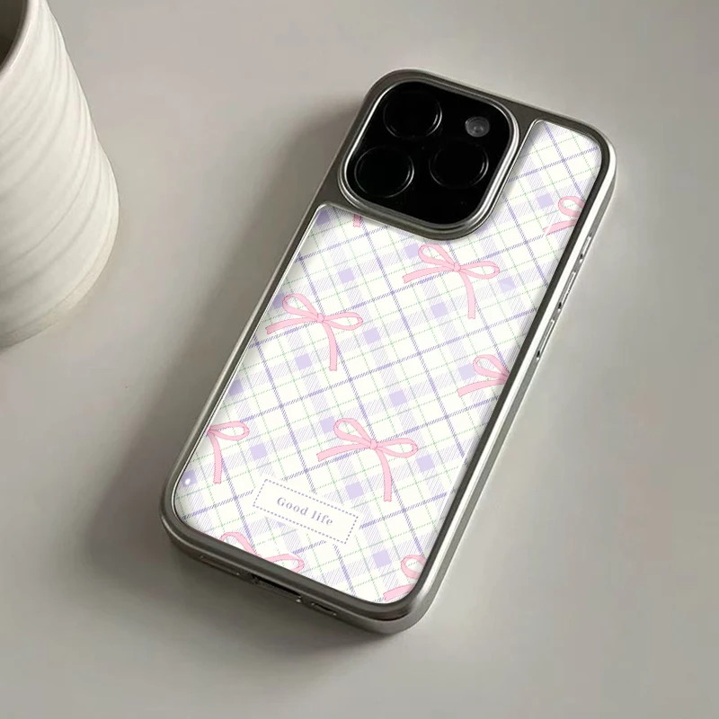 Rosafarbene, rautenförmige, karierte Hydrogel-Rückplatte im koreanischen Stil mit rosafarbener Schleife und silbernem Rand, stoßfeste Handyhülle für iPhone 17/16